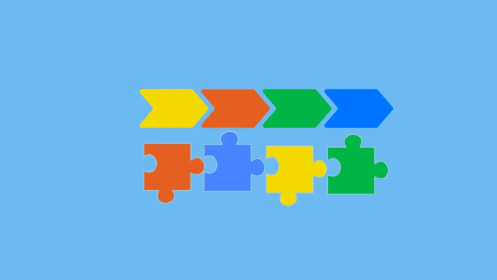Ilustracja pokazująca zmianę życia małymi krokami poprzez kolejne etapy rozwoju i układanie elementów jak puzzle