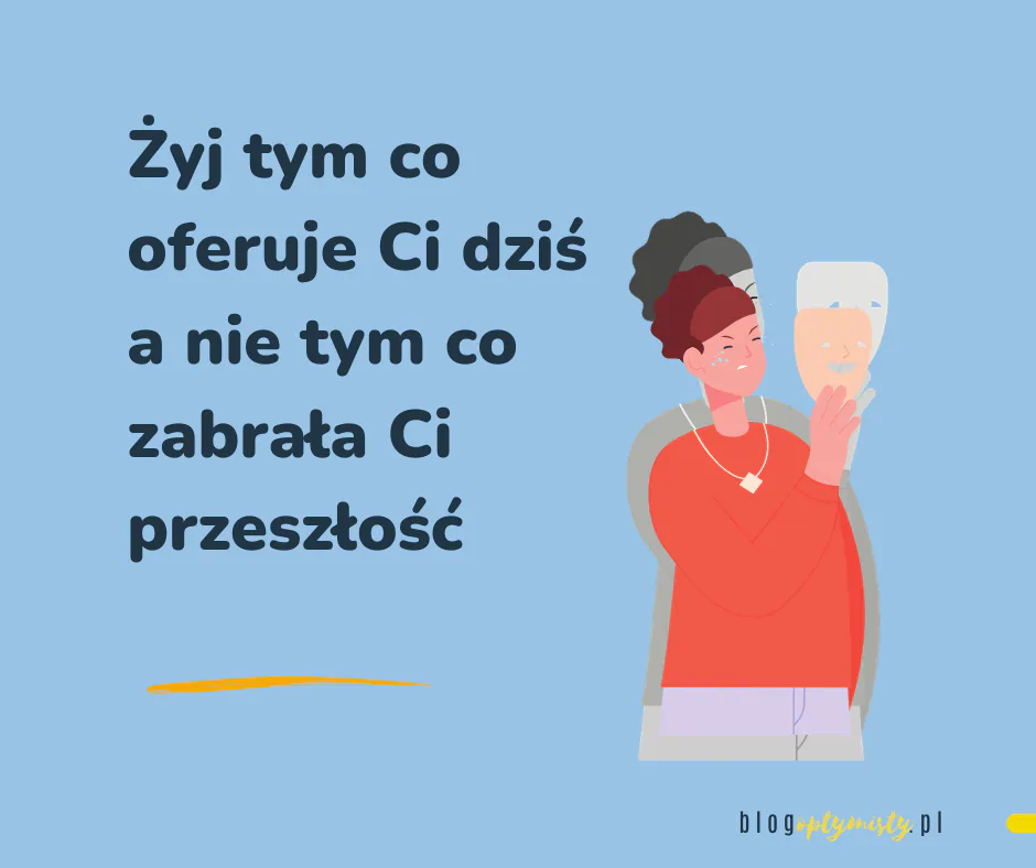 Grafika z cytatem o życiu teraźniejszością i sile pozytywnego myślenia zamiast rozpamiętywania przeszłości