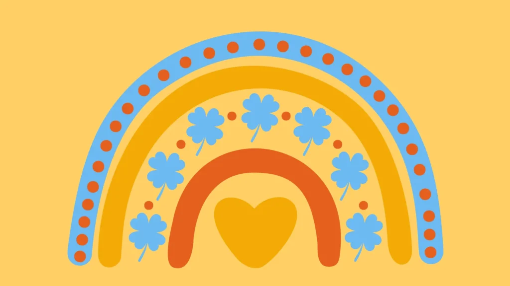 Kolorowa ilustracja przedstawiająca tęczę, serce i koniczyny symbolizujące szczęście, dobrostan psychiczny, optymizm oraz pozytywne emocje.