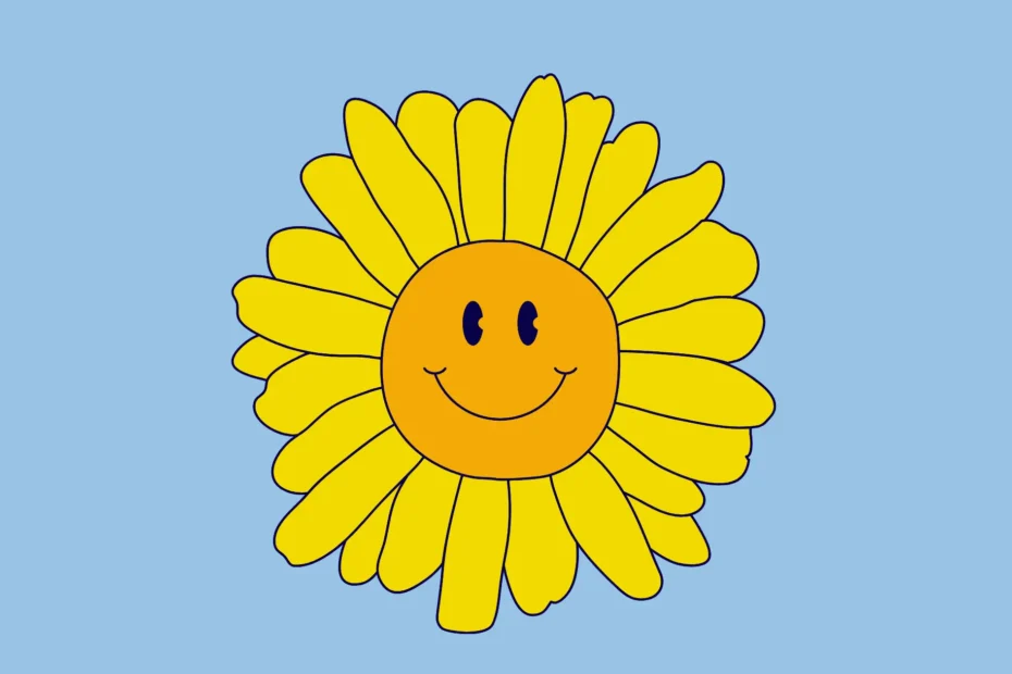 Uśmiechnięty kwiat przypominający słońce symbolizujący radość, pozytywne emocje, optymizm i wpływ uśmiechu na dobrostan psychiczny.