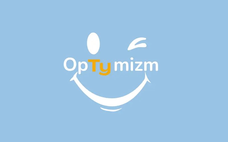 Grafika z napisem „OpTYmizm” w kształcie uśmiechniętej twarzy symbolizująca optymizm, pozytywne myślenie oraz radosne podejście do życia.